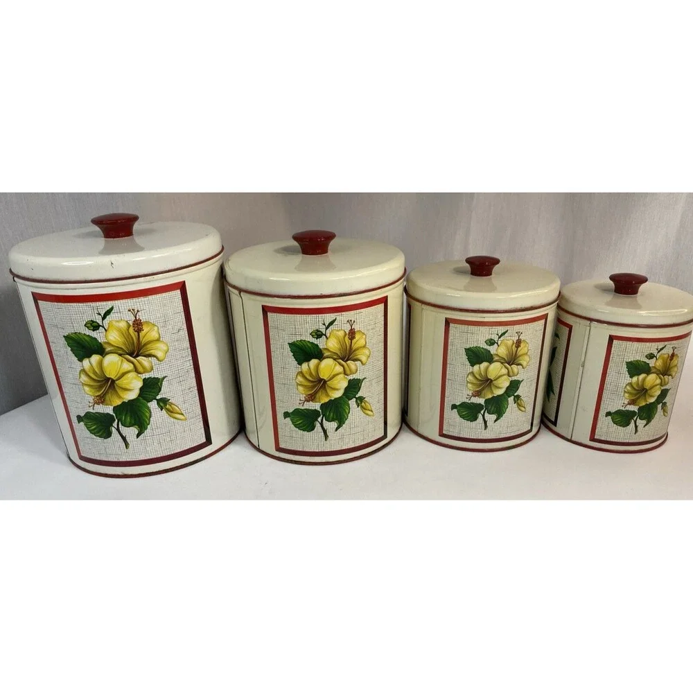 MCM 1950s Maid of Honor Metal 4pc Kitchen Canister Set Floral Pattern Red Knobs